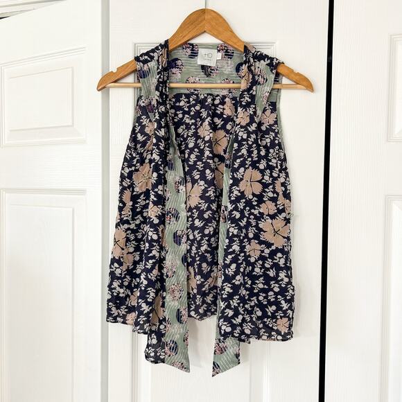 Anthropologie HD in Paris 100% Silk Navy Floral Sleeveless Open Front Top Size 2 - Picture 1 of 5